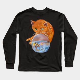 Curious kitten with Aquarium Globe - cute ginger cat with Octopus squid and friends  tropical Coral reef fish rainbow coloured / colored   fish and octopus swimming under the sea Long Sleeve T-Shirt